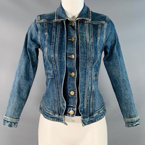 BURBERRY Size 2 Blue Cotton Blend Denim Plaid Trim Button Up Jacket - Picture 1 of 8
